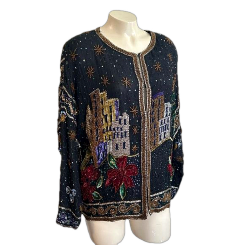Jane Ashley VTG beaded 100% silk Blazer MED as is (some beads missing loose)